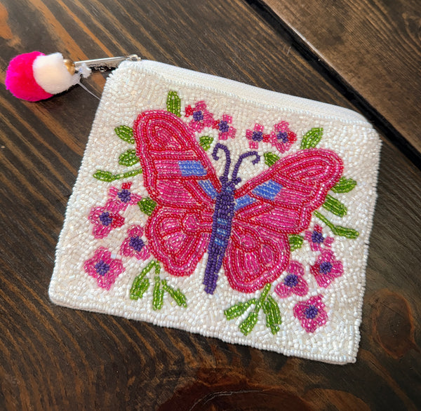 Butterfly Seed Bead Coin Purse with Zip Closure