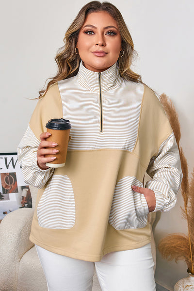 Curvy Khaki Stripe Colorblocked Half Zip Pullover with Pockets