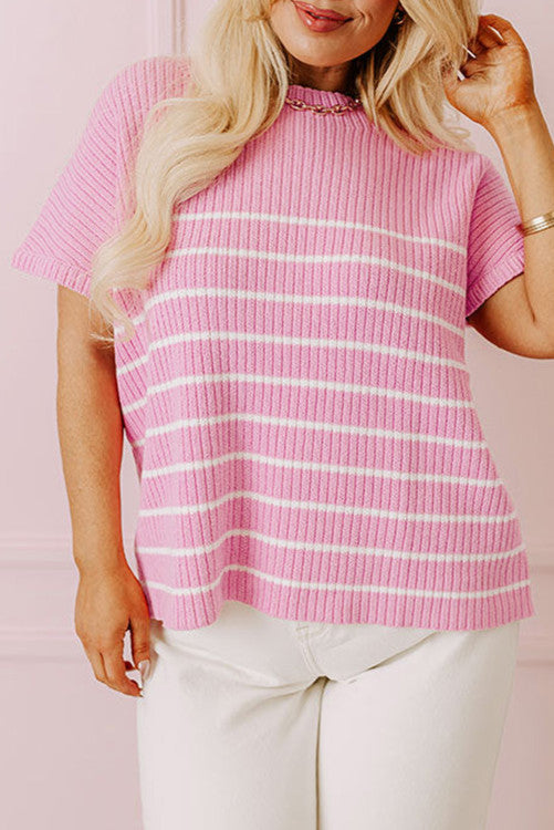Curvy - Pink and White Ribbed Sweater Knit Top