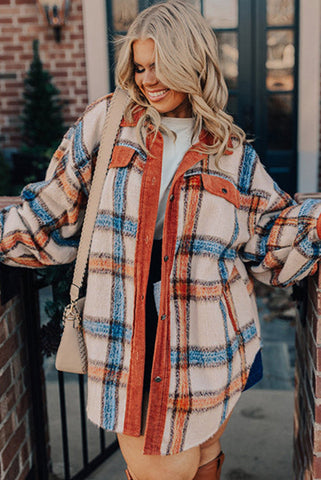 Curvy Orange and Blue Plaid Cozy Button Up Shacket