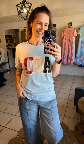 Light Blue Mixed Pattern Lacey Vintage Print Graphic Tee - Patriotic - 4th of July - Memorial Day - Veteran's Day - USA