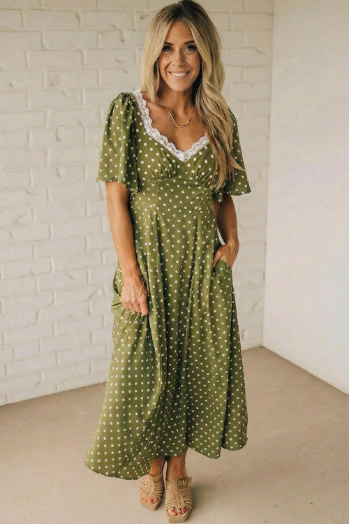 Green Polka Dot Lace Trimmed Neckline High Waist Maxi Dress Green Polka Dot Lace Trimmed Neckline High Waist Maxi Dress