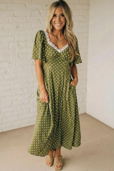 Green Polka Dot Lace Trimmed Neckline High Waist Maxi Dress