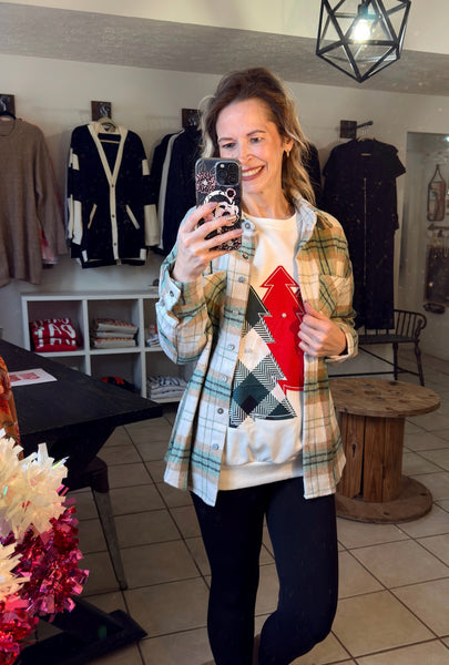 Green and Khaki Christmas Plaid Flannel Shacket