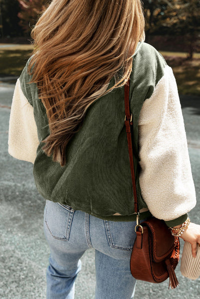 Olive Green Corduroy Bomber Jacket with Contrasting Sherpa Sleeves