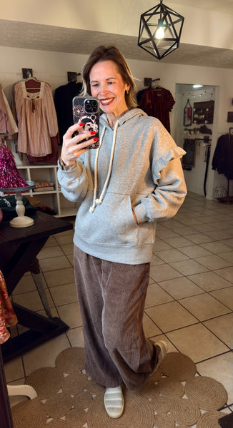 Gray Hooded Pullover with Rope Drawstring and Ruffle Details