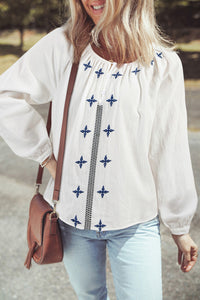 Geometric Embroidered Top with Buttoned Neckline