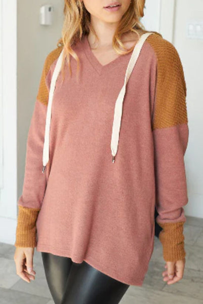 Mauve and Rust Hooded Pullover with Functional Drawstring and Pockets - Super Soft and Stretch