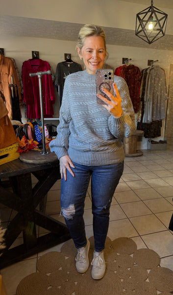 Gray Mock Neck Sweater with Lantern Sleeves