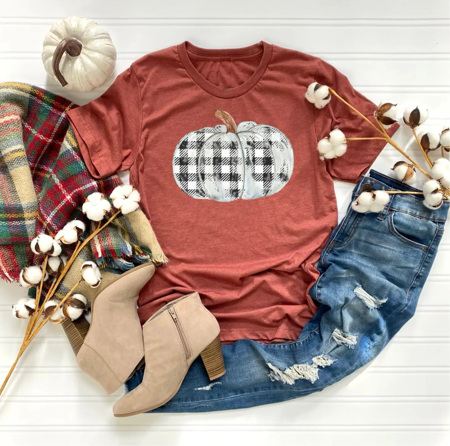 Plaid Pumpkin Fall Tee - Terracotta T-shirt