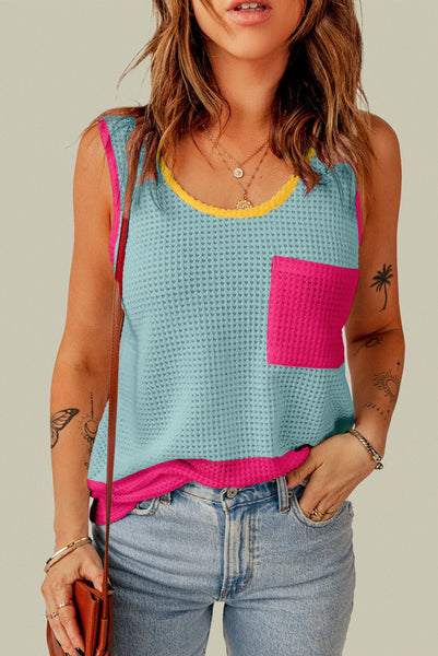 Colorful Colorblock Waffle Texture Pocket Tank