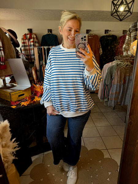 Blue and White Striped Loose Fitting Pullover