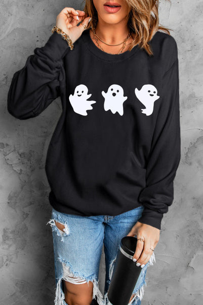 Friendly Ghost Trio Crewneck Sweatshirt Pullover - Black Halloween Crewneck Sweatshirt