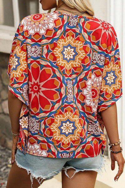 Boho Red Abstract Floral Top with Butterfly Sleeves