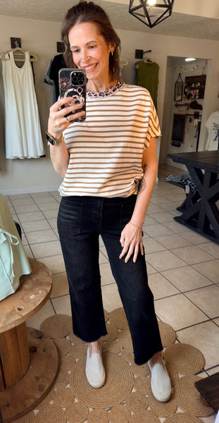 Khaki Striped Top with Leopard Contrast Trim and Side Slits