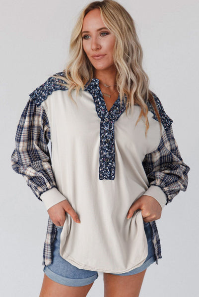 Blue Plaid and Floral Top - Navy - Curvy and Regular Sizing