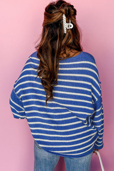 Blue and White Striped Lightweight Sweater Knit Top