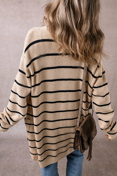 Black Striped Open Front Cardigan with Pockets