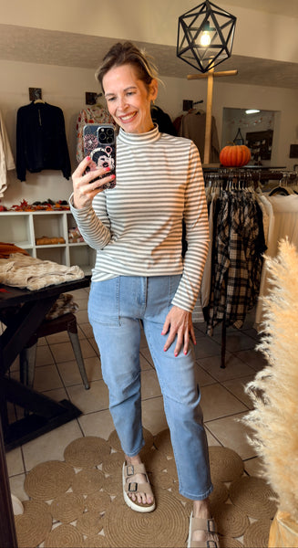 Gray and White Mock Neck Fitted Long Sleeve Top