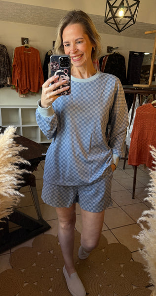 Blue Checkered Long Sleeve Top and Shorts Set