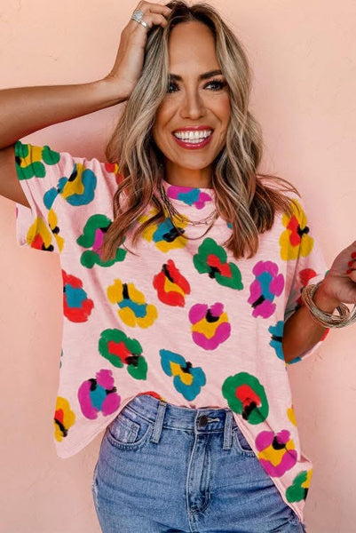 Pink Colorful Leopard Print Loose Fit Top