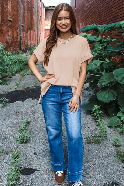 Beige Ribbed Textured Short Sleeve Top