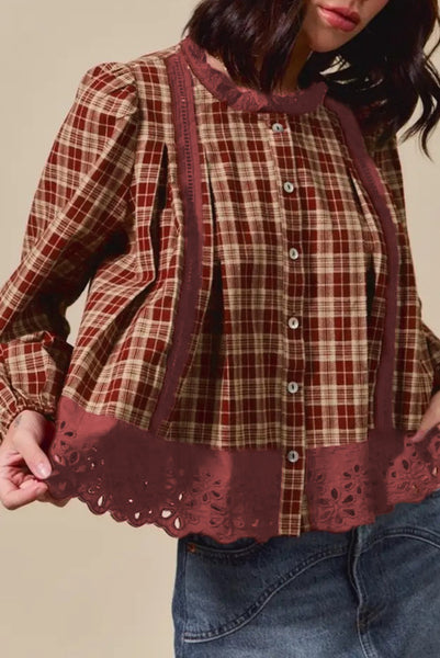 Red Dahlia Plaid and Eyelet Lace Trim Button Down Long Sleeve Shirt
