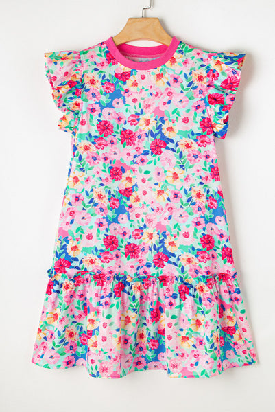Colorful Floral Drop Waist Dress with Pockets