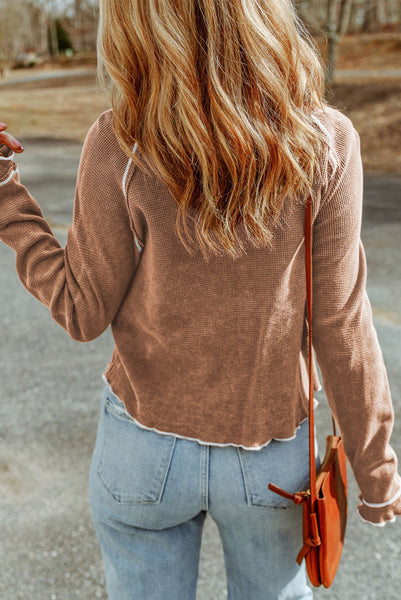 Light Mocha Brown Waffle Texture Long Sleeve Top