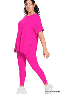 Curvy Bright Pink Short Sleeve Top abs Leggings Loungewear Set