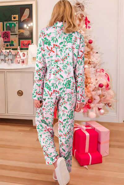 Pink Christmas Holiday Holly Berries Satin Long Sleeve Top and Pants Loungewear Set