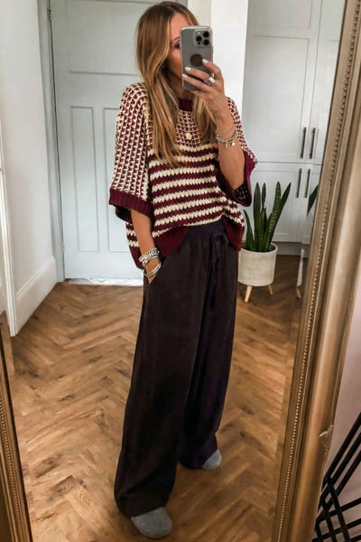 Red Dahlia Striped Colorblock 3/4 Draped Sleeve Relaxed Sweater
