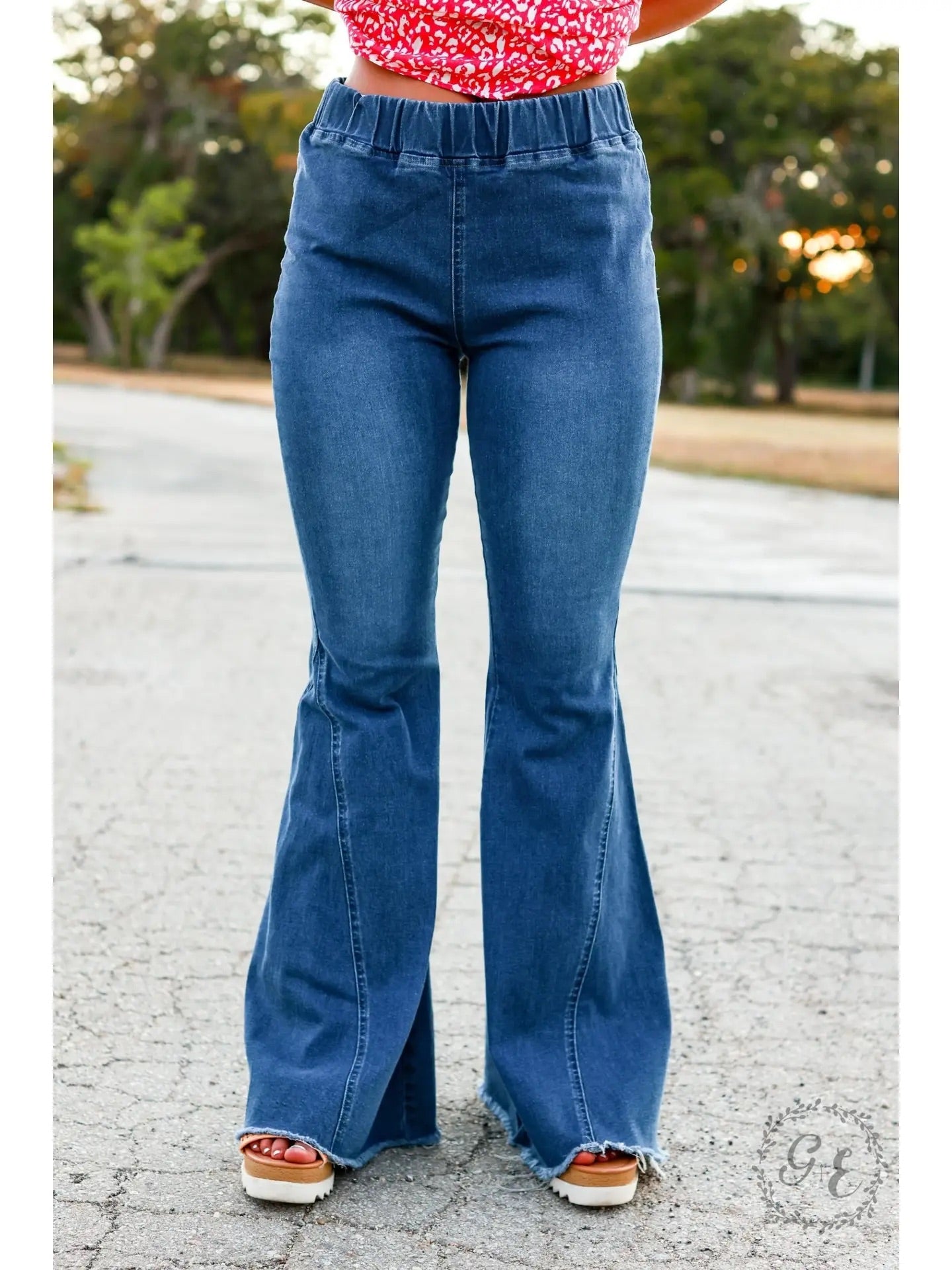 Pull-On Flare Jeans with Raw Distressed Hem