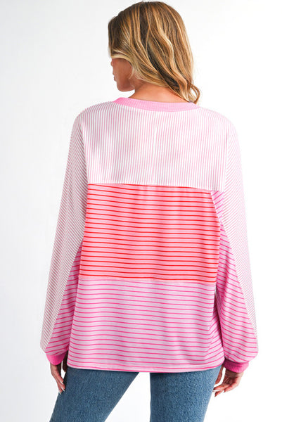 Pink Striped Colorblocked Long Sleeve Top with Exposed Seams