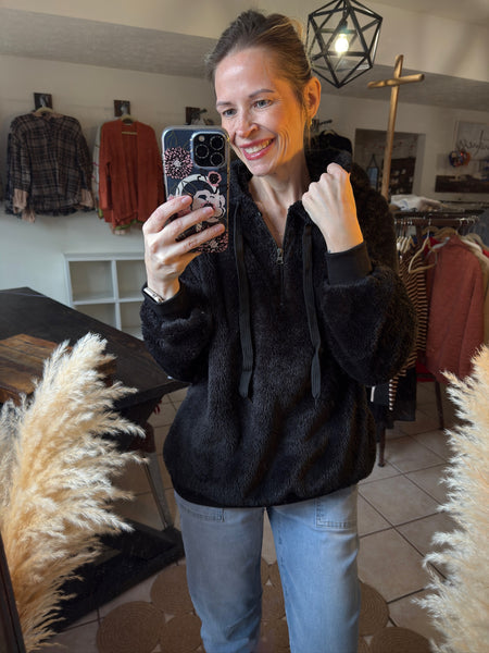 Black Furry Soft Hooded Pullover with Side Pockets