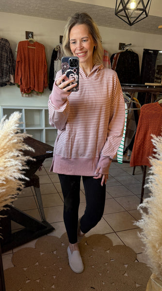 Mauve Striped Hoodie Pullover with Thumbholes and Side Slits