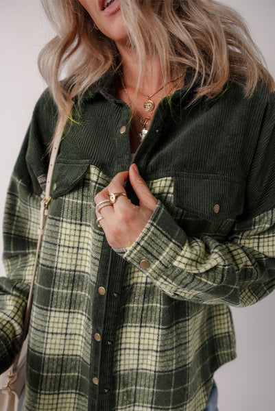 Green Plaid and Corduroy Snap Up Shacket