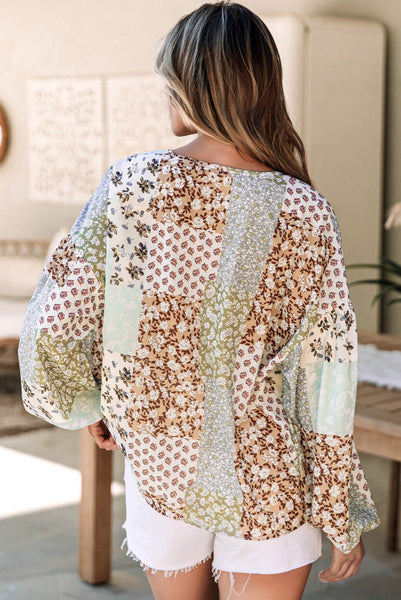 Mixed Floral Patchwork Long Puff Sleeve Top