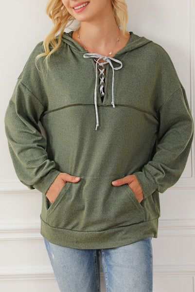 Green Lace Up Neck Hooded Pullover with Kangaroo Pocket