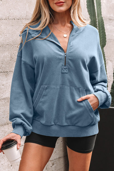 Blue Mineral Wash Hooded Half Zip Pullover with Kangaroo Pocket