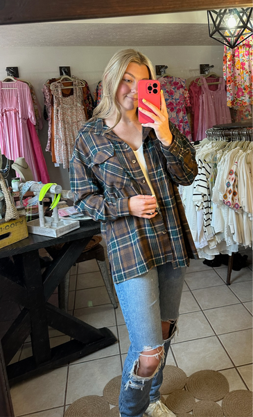 Brown and Green Plaid Button Up Flannel Top