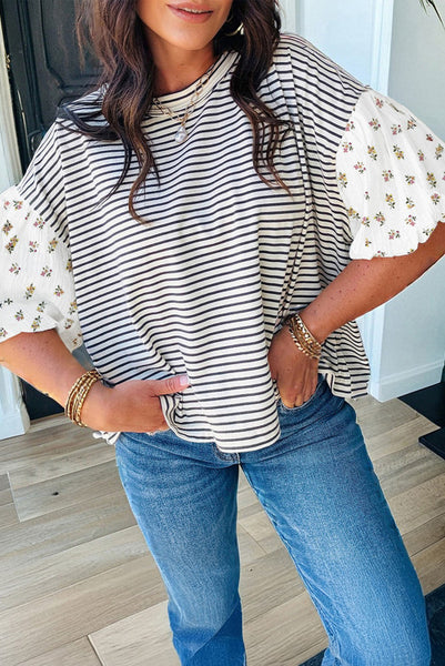 Black Striped Top with Floral Puff Sleeves