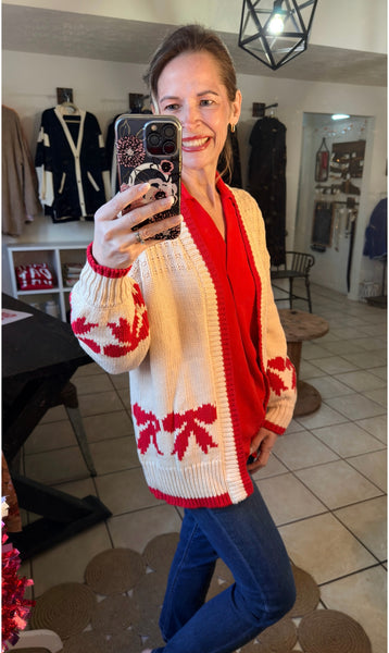 Bow Print Textured Open Front Cardigan