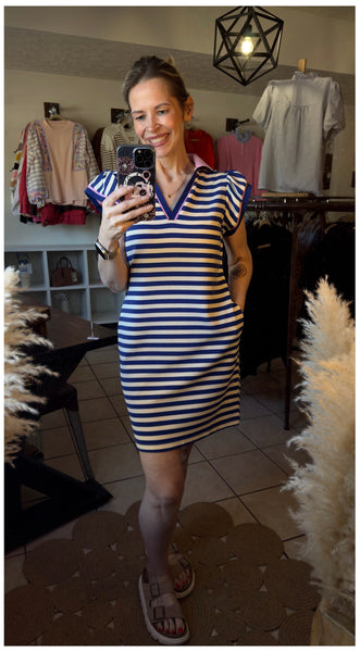 Blue Striped Split Neckline Dress with Pink Contrasting Trim and Flutter Sleeves