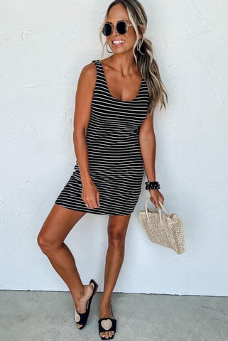 Fitted Black and White Striped Dress