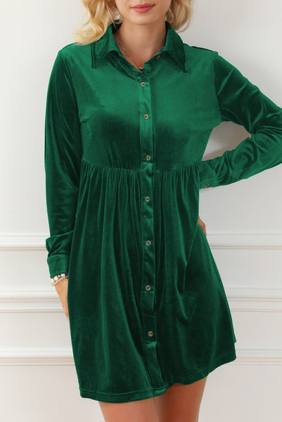 Green Long Sleeve Button Up Velvet Babydoll Dress