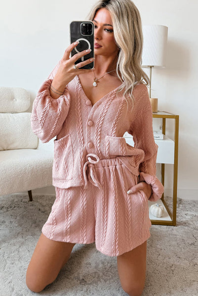 Pink Cable Knit Button Front Cardigan and Shorts Set