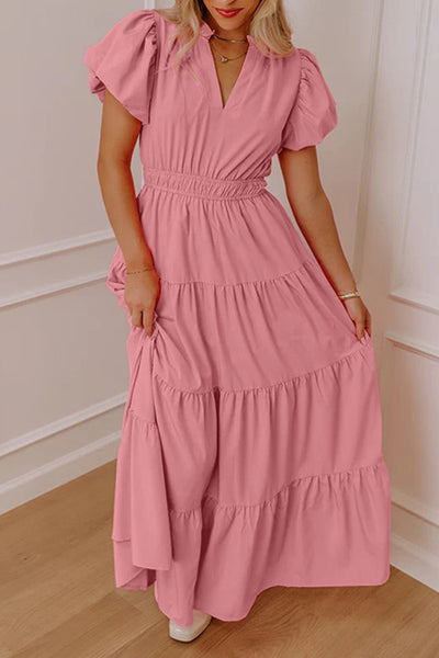Pink V-Neck Puff Short Sleeve Maxi Dress