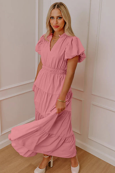 Pink V-Neck Puff Short Sleeve Maxi Dress