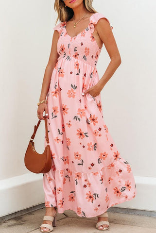 Peach Floral Maxi Dress with Smocked Bodice and Flowy Sleeves